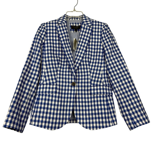 J Crew Linen Gingham Campbell Blue Button Spring Blazer - Picture 4 of 8